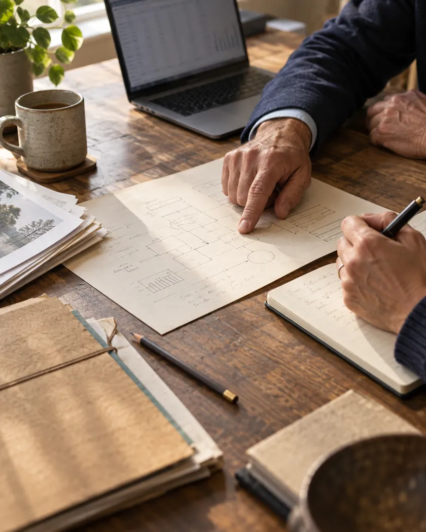 Two people at a wooden desk reviewing a hand-drawn process diagram, with notebooks, files and a laptop nearby